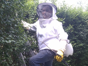 Technicien airsoft services qui pulvérise un nid d frelon dans une haie